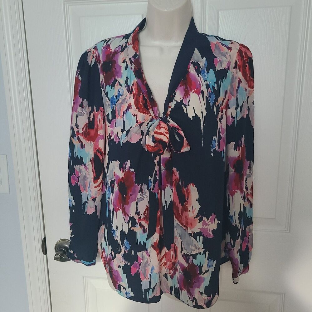 Kate Spade New York Navy Blue Floral Print Tie Neck Silk Blouse Top Size Small